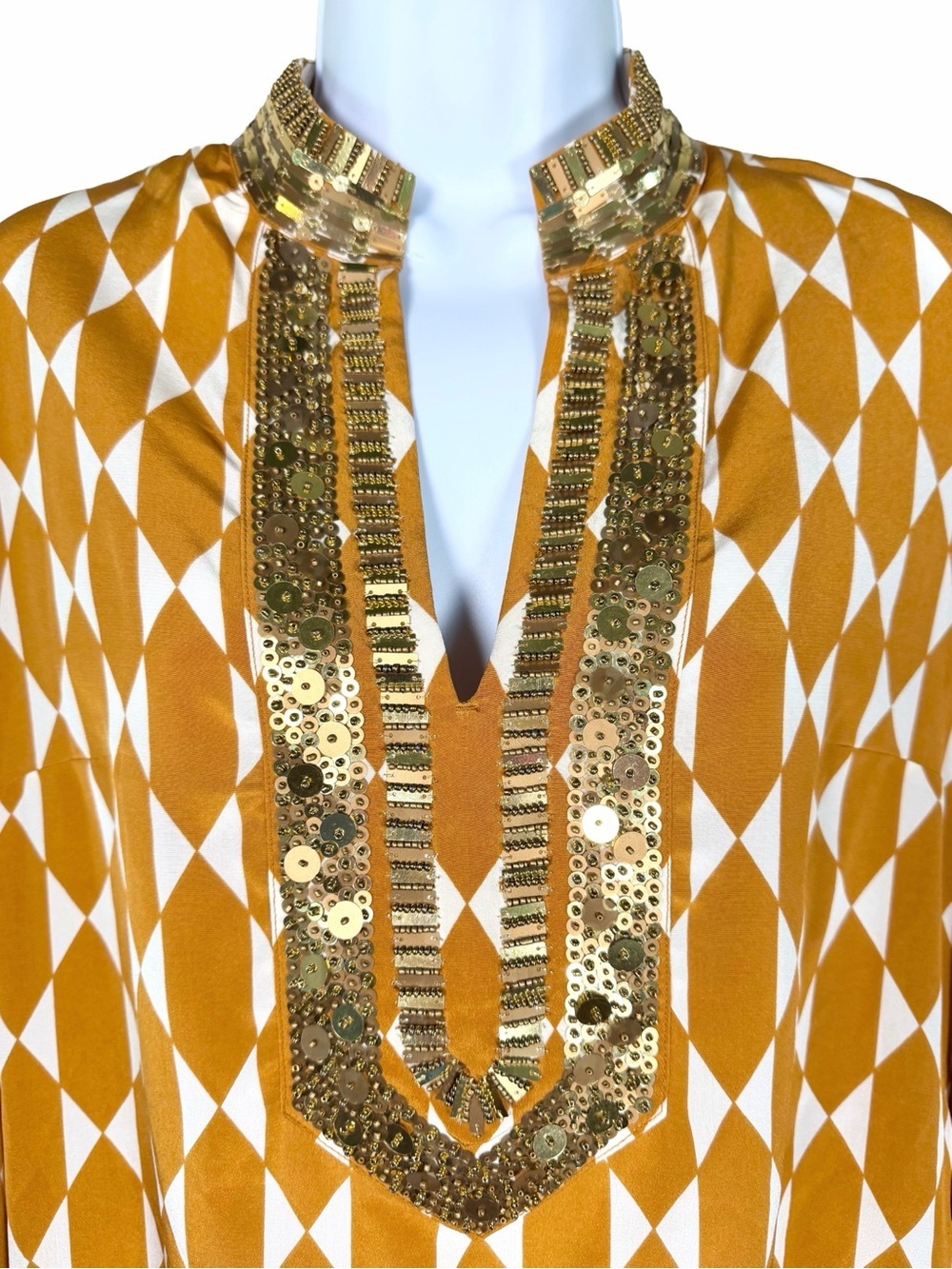 Tory Burch NWT Silk Embellished Tunic Beaded Sequin Orange Geometric Top Size 4 - Picture 2 of 6